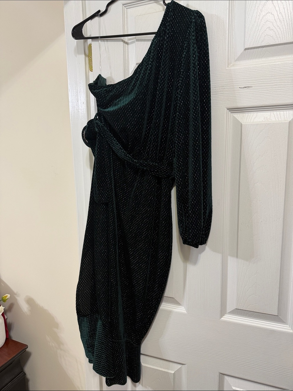 Simple One-Shoulder Velvet Dress in Dark Green